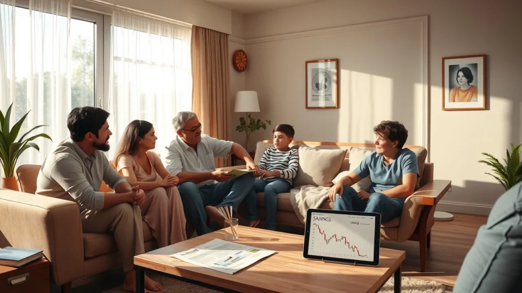 Une scène familiale préoccupée par l'épargne dans un salon moderne.