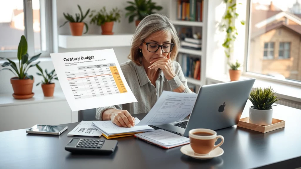 Une personne au bureau analysant un budget trimestriel avec des documents financiers autour d'elle.