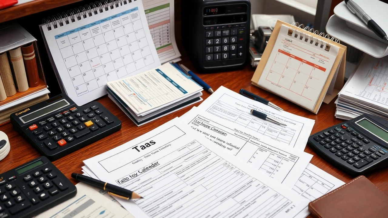 bureau encombré de documents fiscaux et matériel de travail