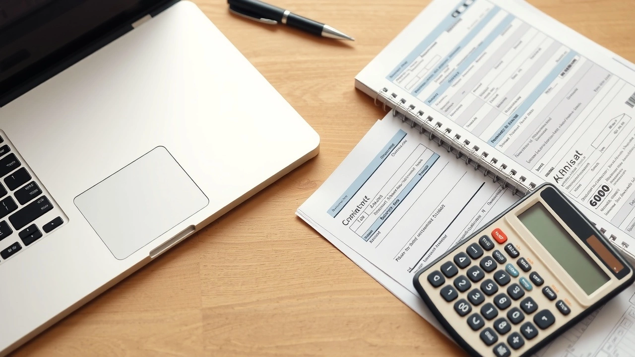 bureau avec un ordinateur et des documents fiscaux