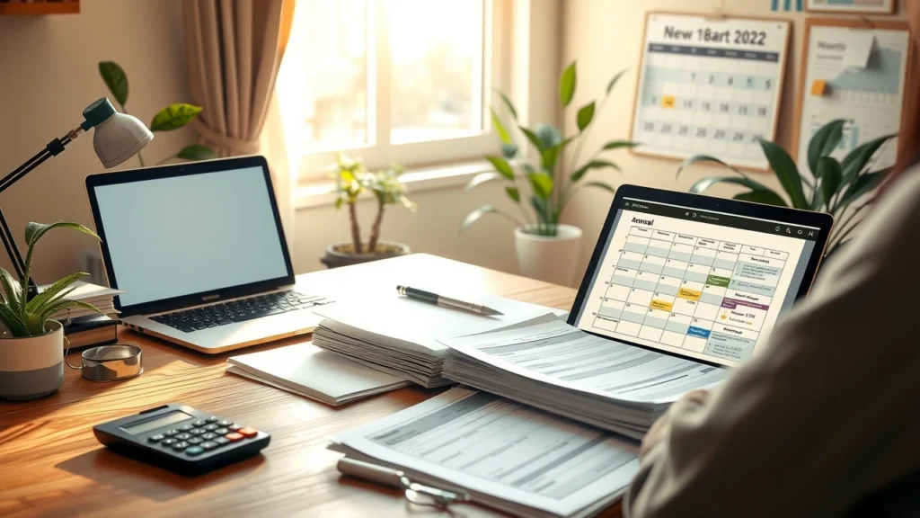 Un bureau à domicile bien organisé pour la préparation fiscale annuelle.