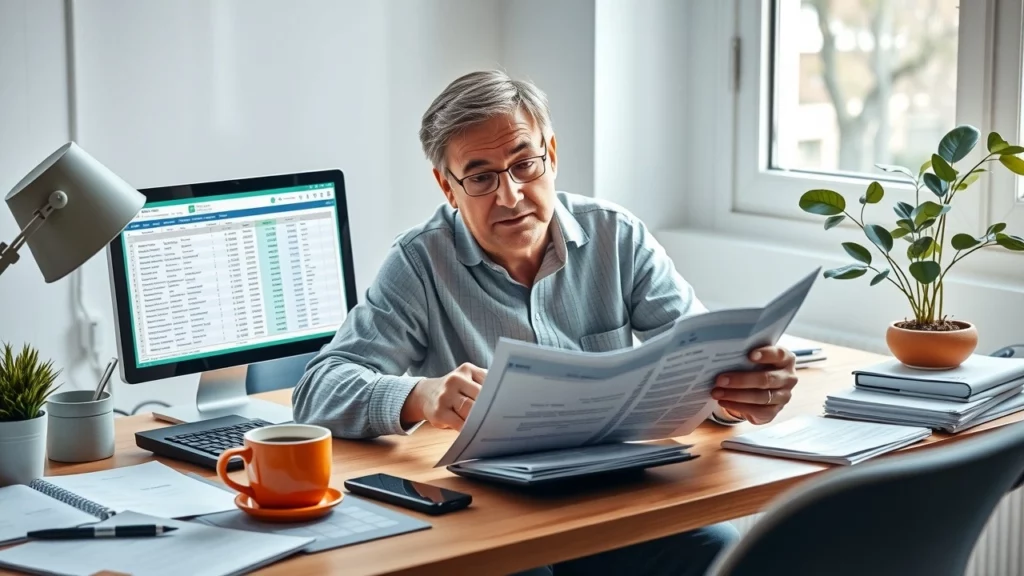 Une scène de bureau montrant une personne gérant ses obligations fiscales mensuelles dans un environnement chaleureux.