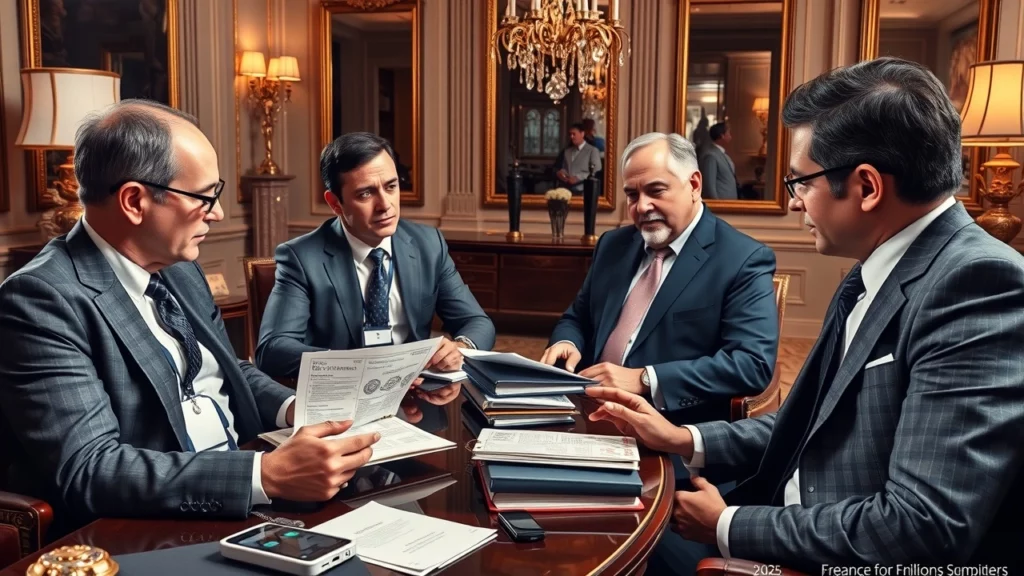 Illustration d'un groupe de contribuables français riches discutant des contributions fiscales élevées en 2025.