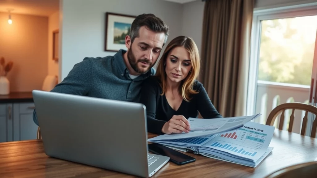 Un couple examinant des documents financiers sur une table.