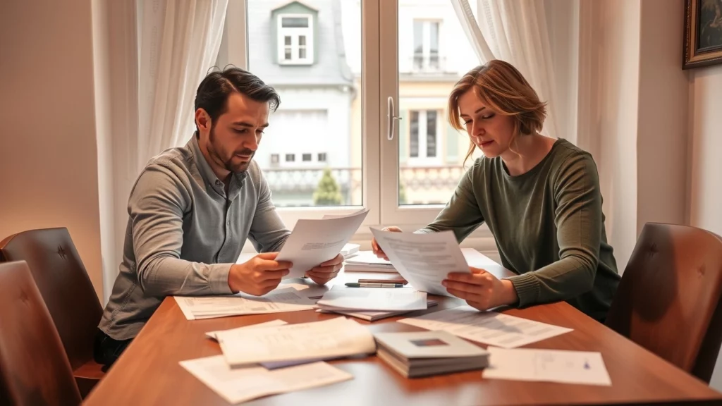 Un couple discutant des documents fiscaux à une table en France.