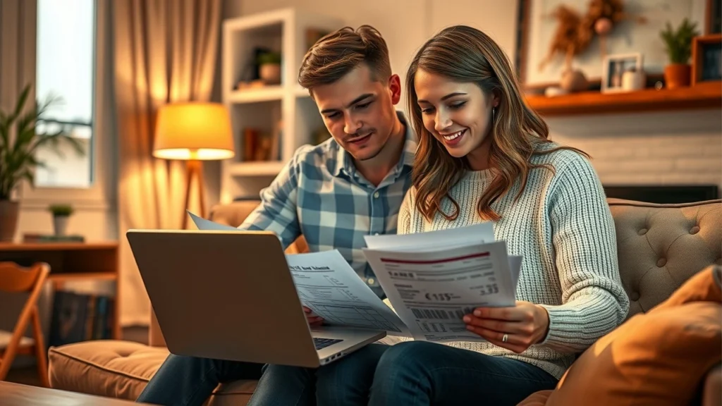 Couple discutant de leurs obligations fiscales avec documents et ordinateur.