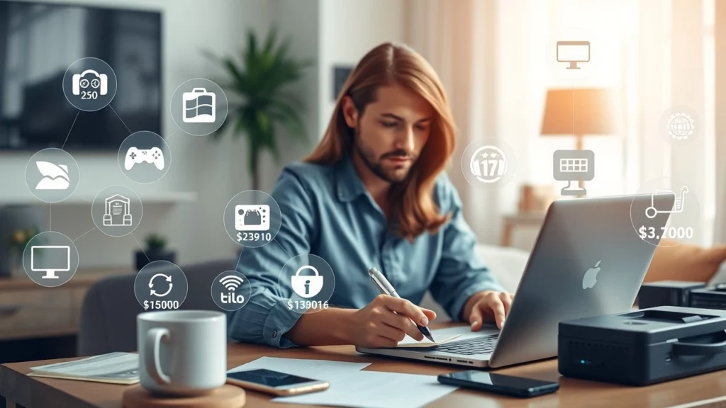 Un consommateur analyse les coûts des services en ligne sur un ordinateur portable, entouré d'icônes numériques représentant divers services.