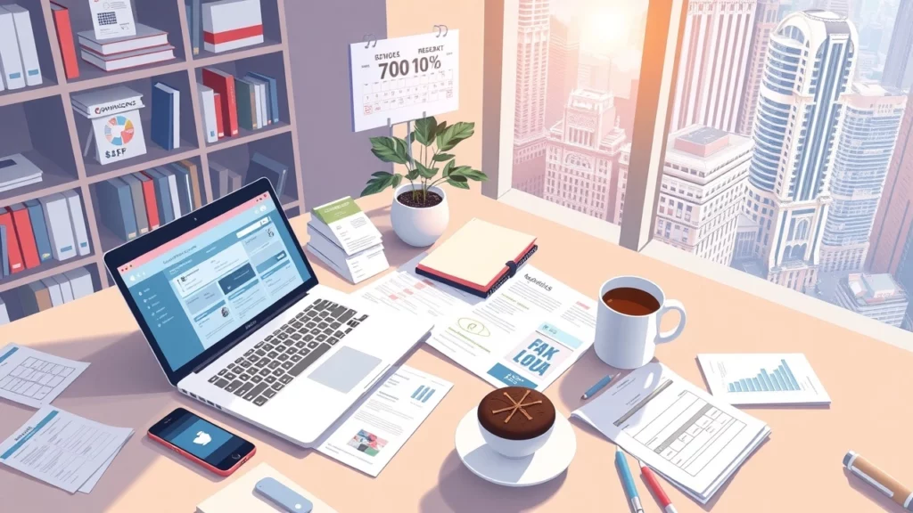 Une illustration photoréaliste d'un espace de travail moderne d'un influenceur avec un ordinateur, des documents financiers et un café.