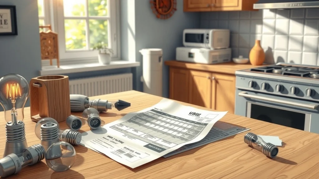 Une facture mensuelle d'énergie sur une table de cuisine, entourée d'objets ménagers.