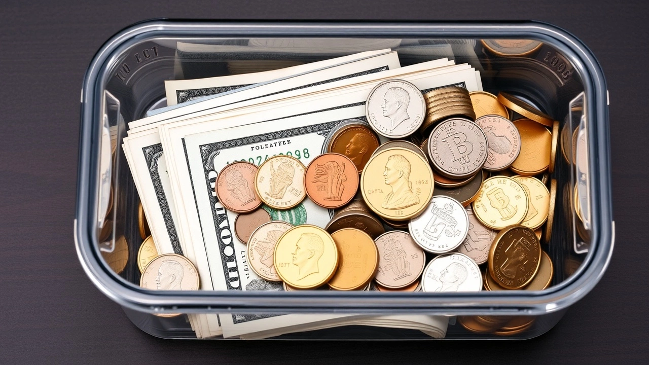 fonds d'urgence en espèces et pièces dans un conteneur