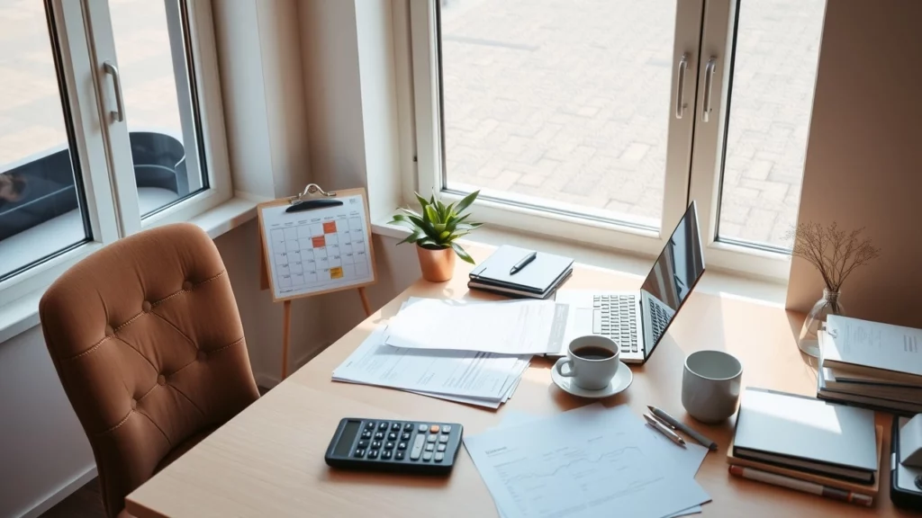 Une personne assise à un bureau en train de gérer ses finances avec sérénité.