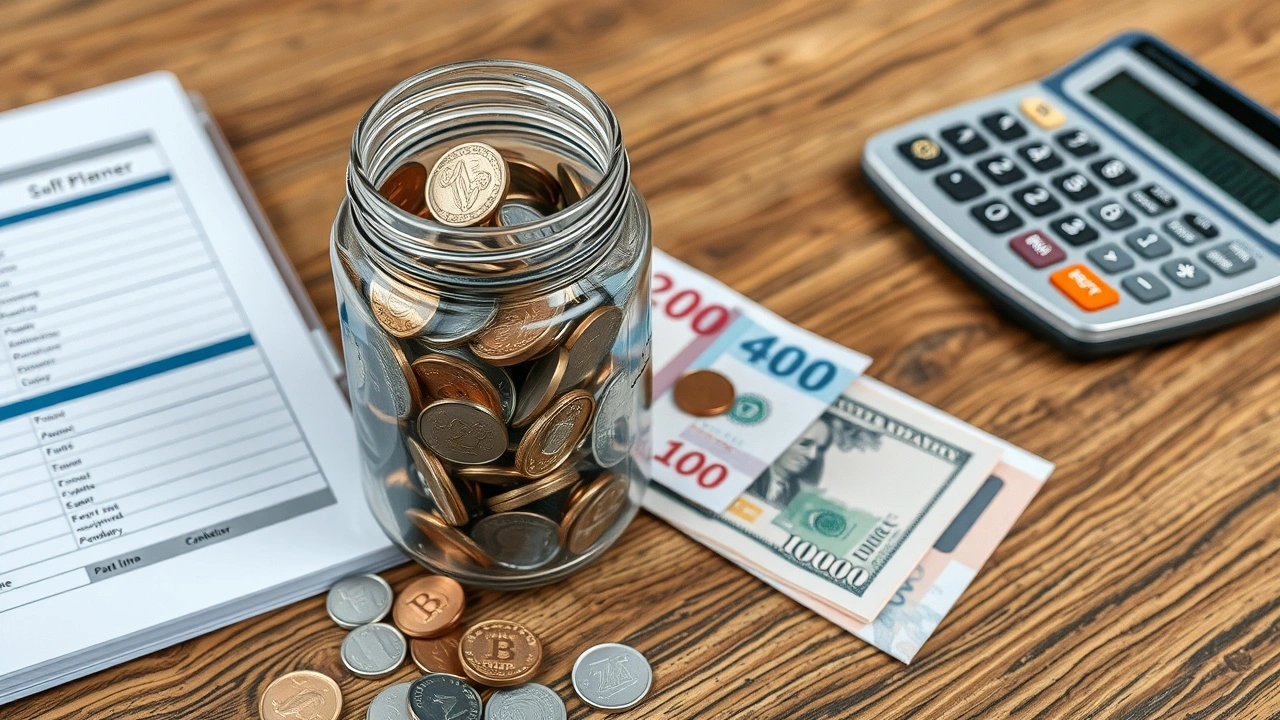 pot en verre rempli de pièces et billets sur une table