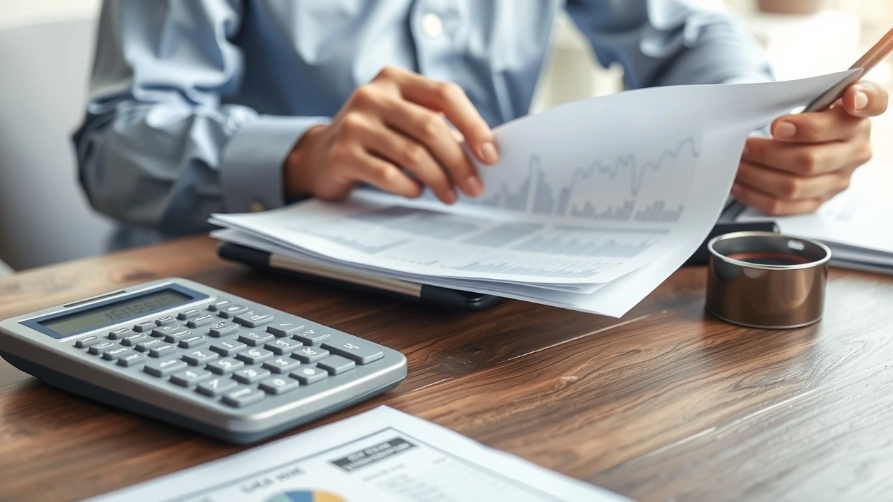 person examine documents sur une table avec une calculatrice