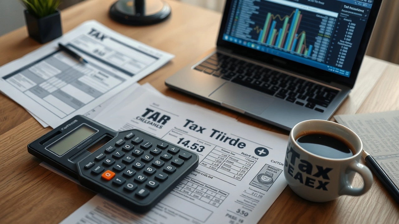 scene de déclaration de revenus avec documents fiscaux et un ordinateur