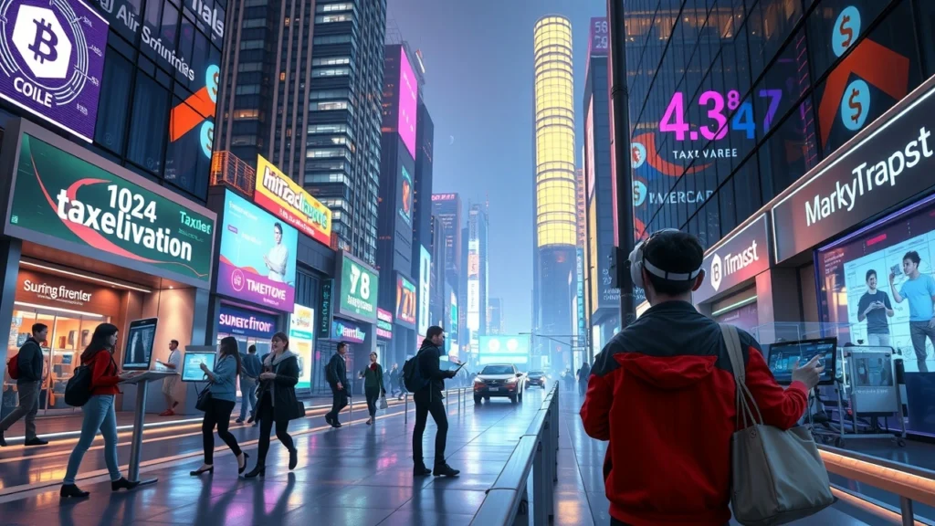 Une scène futuriste illustrant les tendances fiscales et de dépenses personnelles en 2024 dans un métavers.