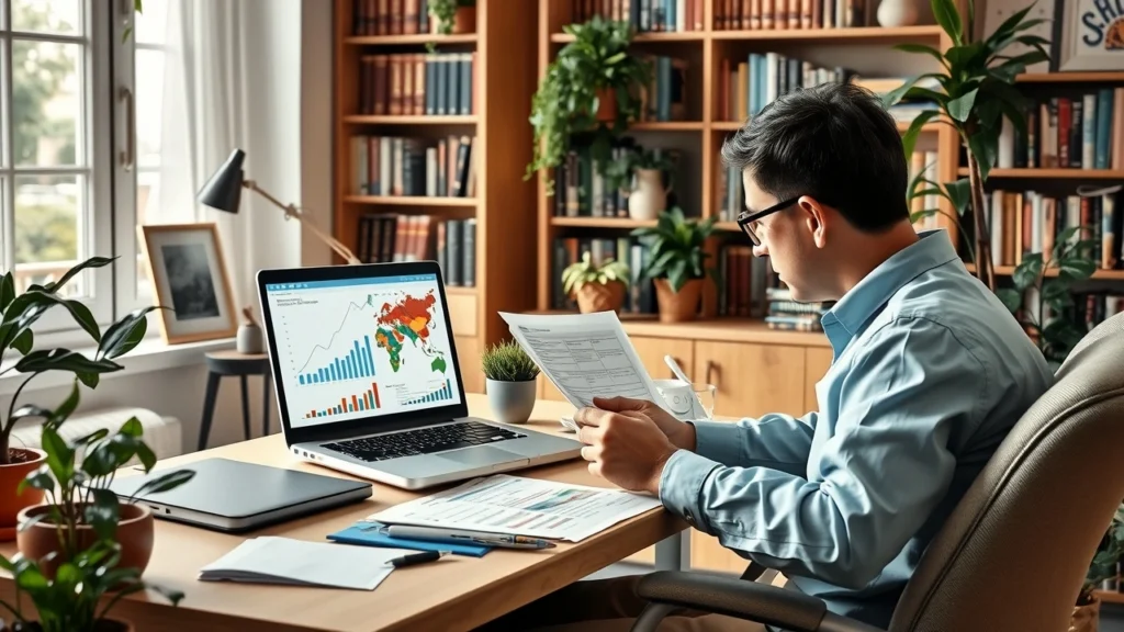 Une scène de bureau à domicile avec une personne examinant des documents financiers.