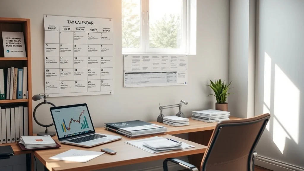 Une image d'un bureau organisé avec un calendrier fiscal, des papiers bien rangés et un ordinateur portable.