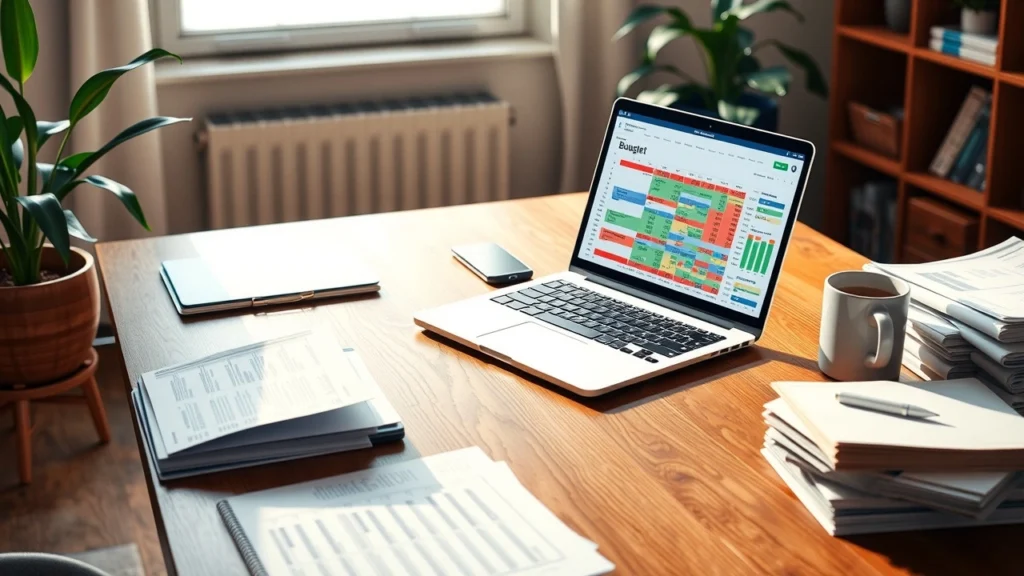 Bureau moderne avec un ordinateur, des documents financiers et une plante verte.