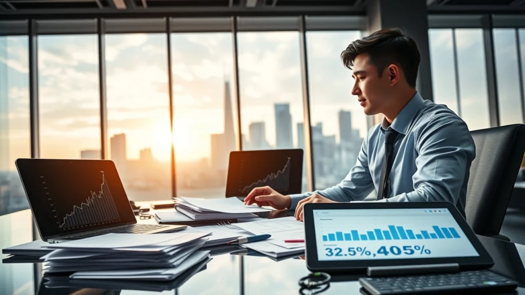 Une scène illustrant un jeune investisseur analysant les tendances fiscales dans un bureau moderne.