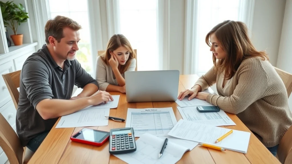 Une famille analysant son budget mensuel autour d'une table de dîner.