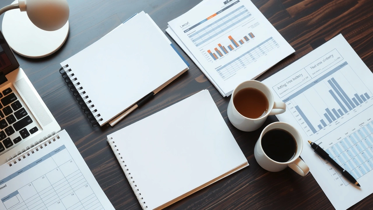 bureau bien organise avec documents financiers et ordinateur