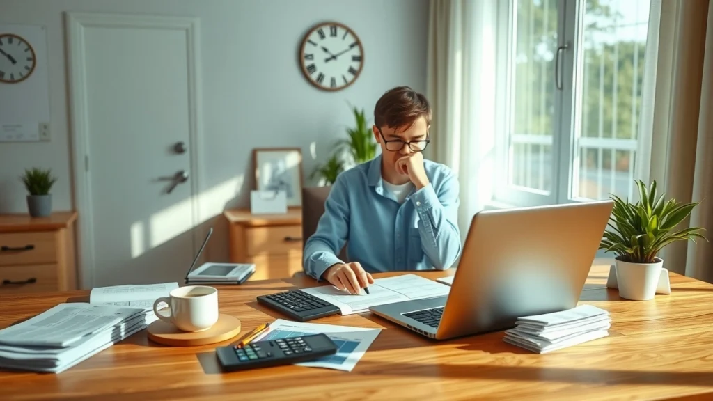 Bureau à domicile serein avec des documents financiers et un ordinateur portable.