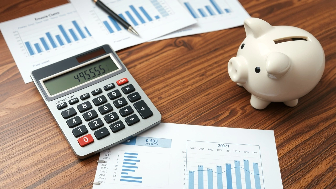 calculatrice, rapports financiers et tirelire sur un bureau en bois