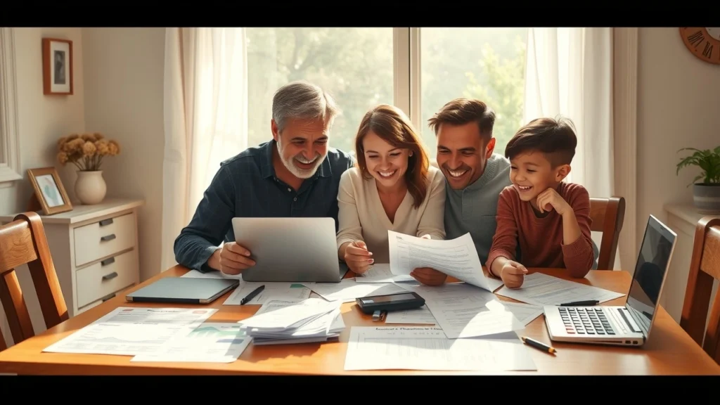 Une famille heureuse examinant ses factures à table, symbolisant des crédits d'impôt.