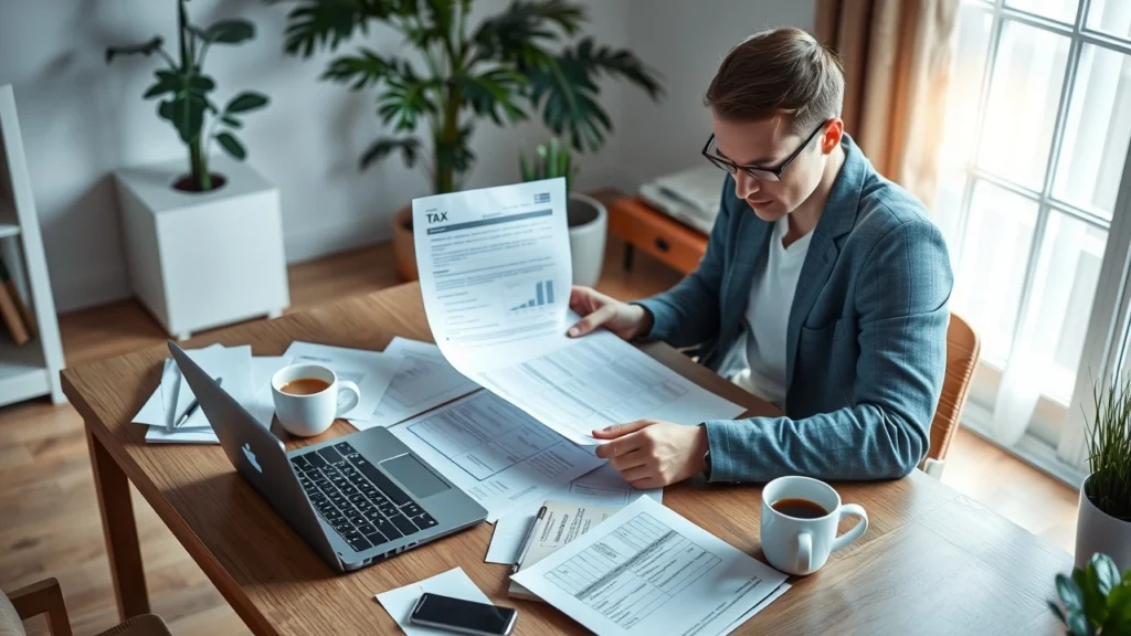 Une personne examinant des documents fiscaux à un bureau.