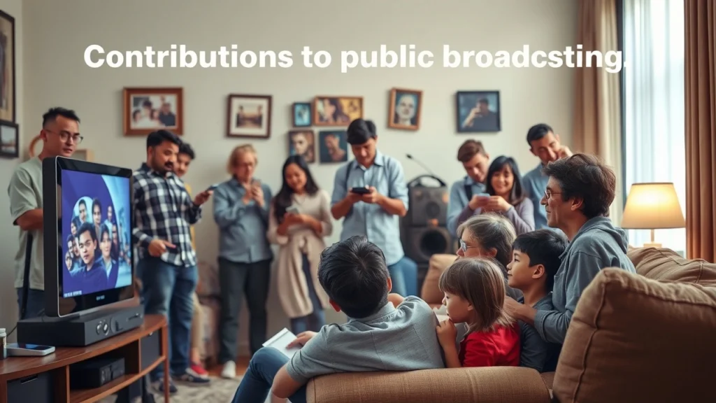 Une scène illustrant la contribution à l'audiovisuel public avec des personnes utilisant divers médias.