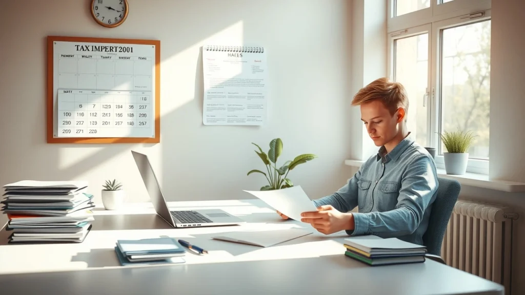 Un espace de travail serein où une personne prépare calmement ses échéances fiscales.