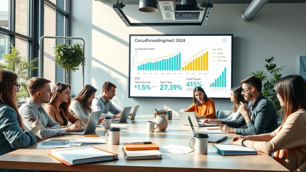 Une représentation photoréaliste d'un espace de travail moderne mettant en scène des personnes collaborant sur des projets de financement participatif.