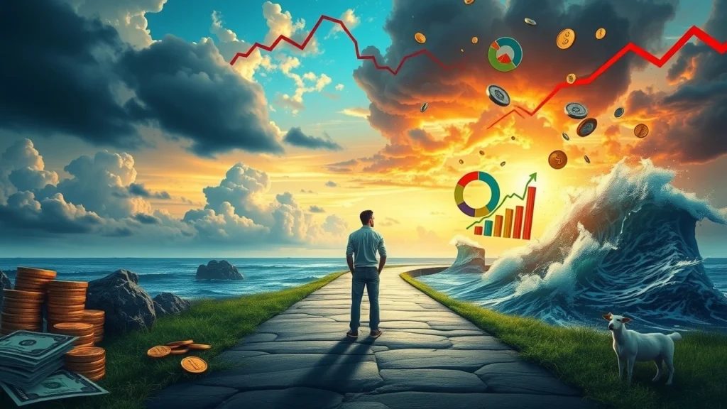 Illustration montrant l'impact des émotions sur les décisions financières avec des symboles financiers autour d'une personne à un carrefour.