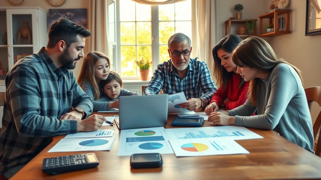 Une famille occupée discutant de leurs finances autour d'une table à manger.