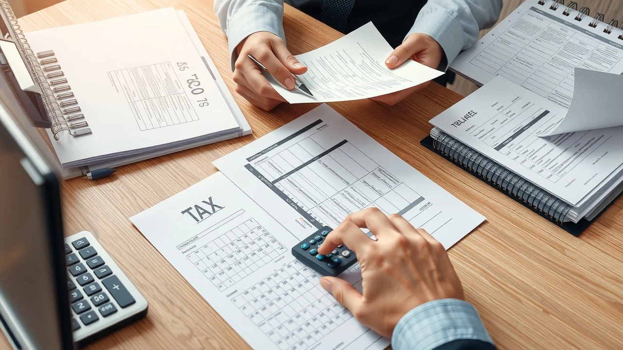 une personne organise des documents fiscaux sur un bureau