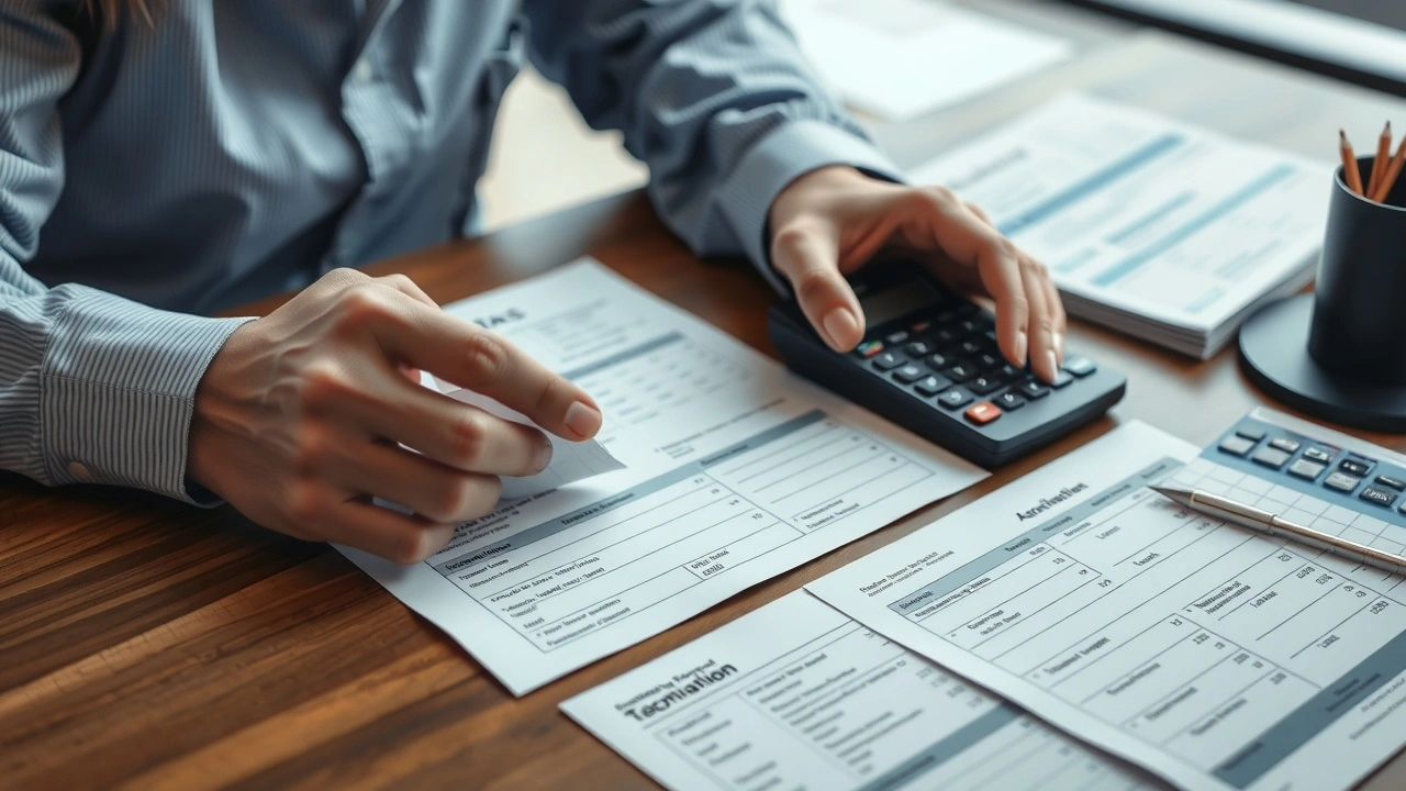 person compare documents with tax forms et calculator