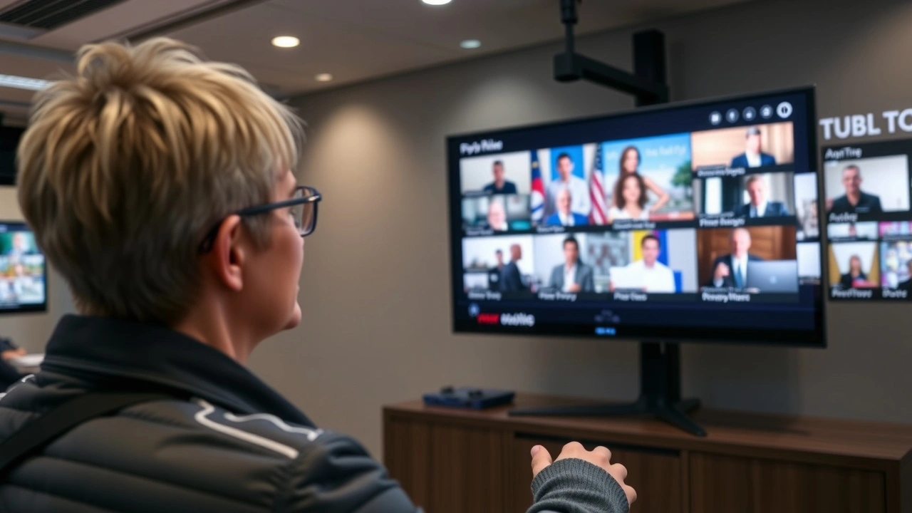 person devant un ecran de television de service public