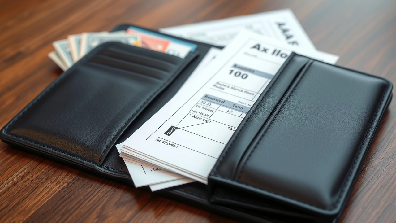 portefeuille avec des billets et documents fiscaux