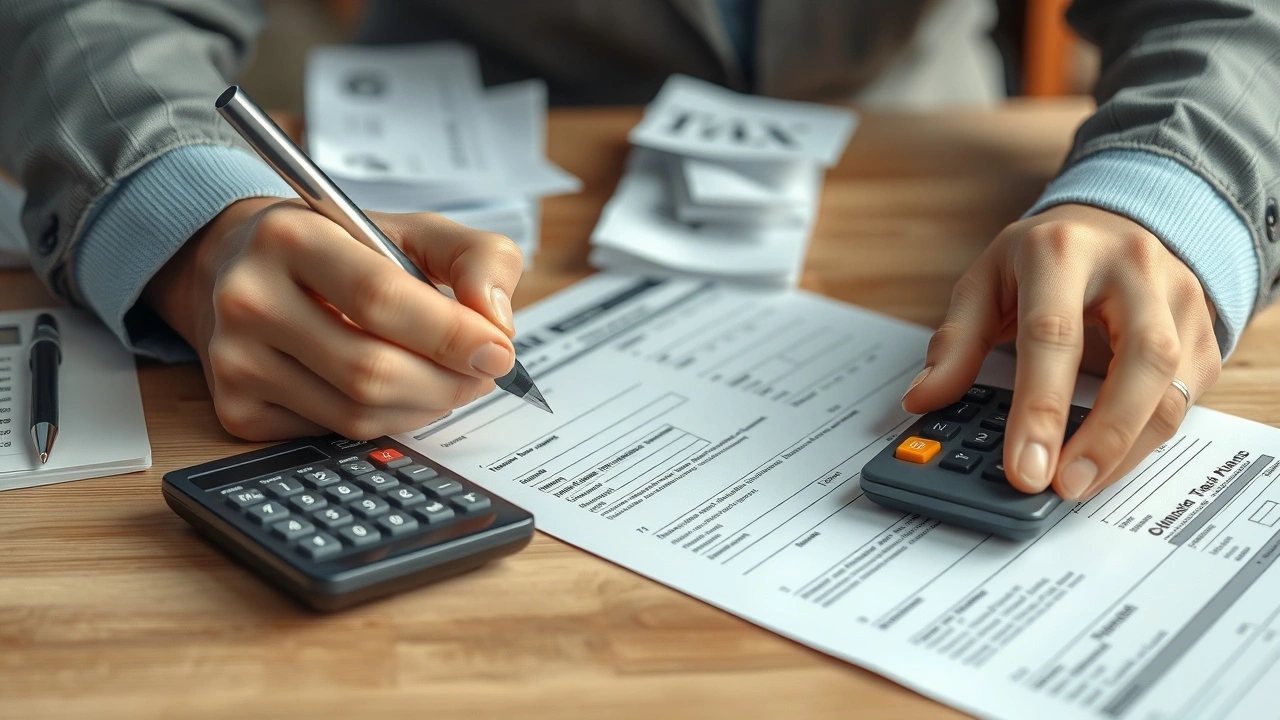 une personne remplit un formulaire fiscal avec des reçus