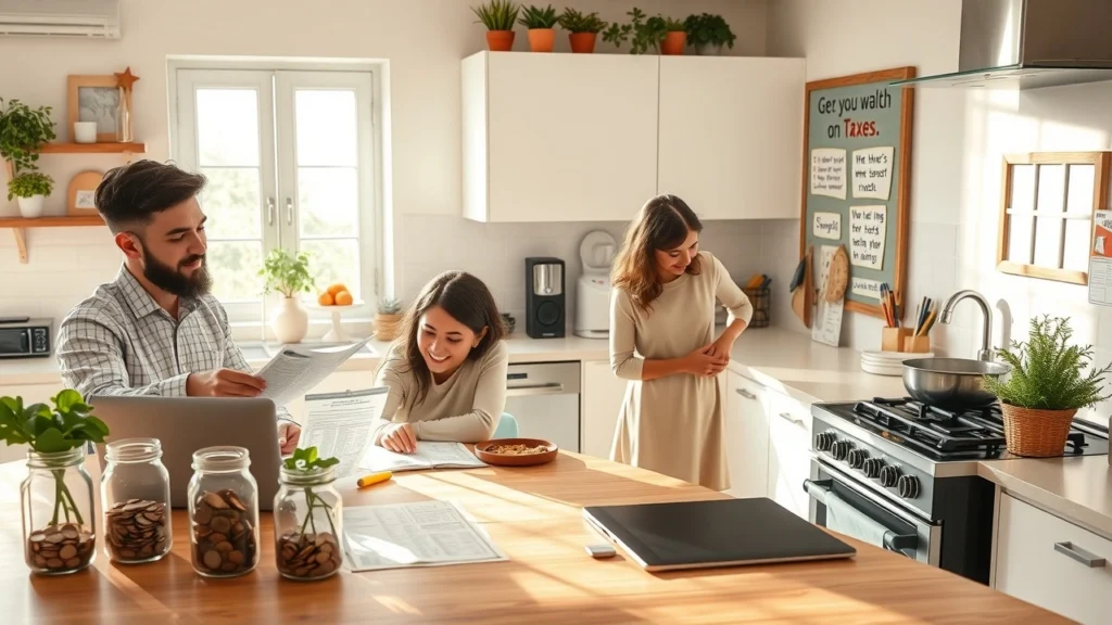 Une scène de cuisine moderne montrant une famille économisant sur les impôts avec des astuces de gestion financière.