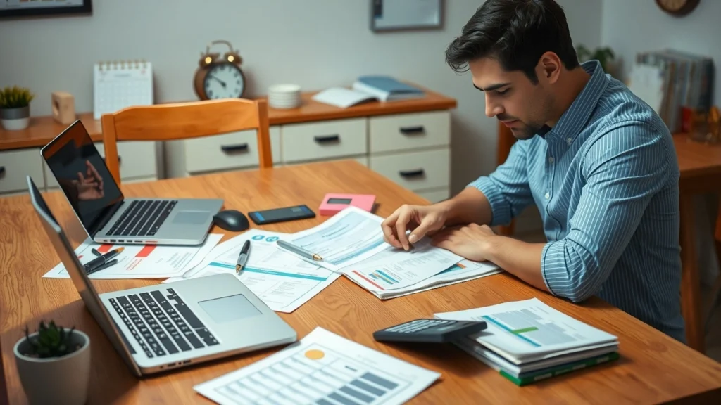 Une personne gérant son budget avec des documents financiers et un ordinateur portable.