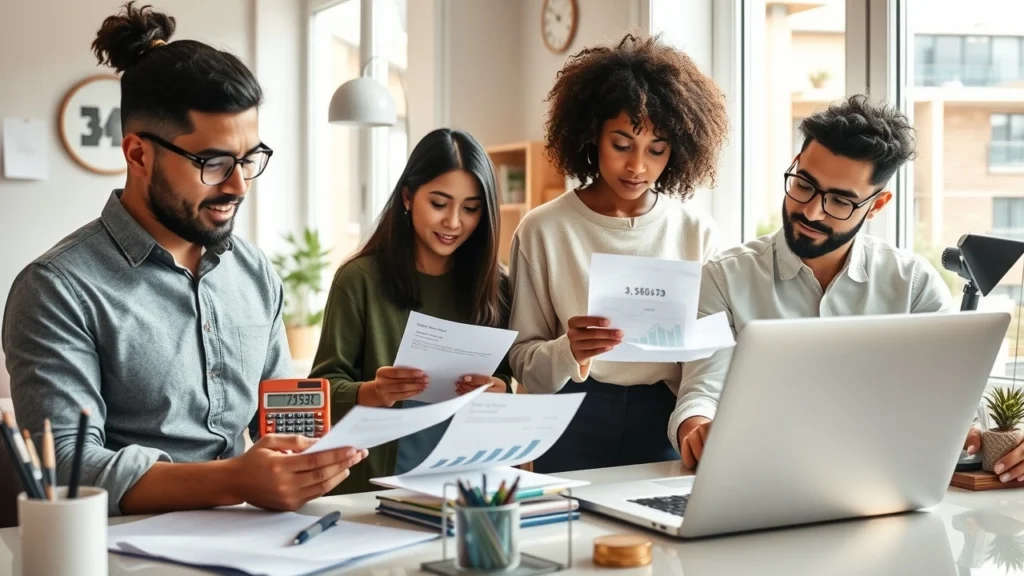 Une illustration d'un bureau moderne avec des individus économisant et consommant intelligemment.
