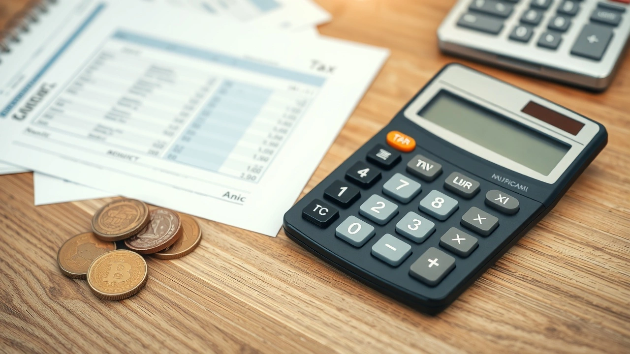 calculatrice documents fiscaux et pieces de monnaie