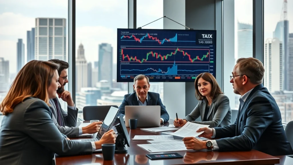 Une illustration des investisseurs discutant de la taxation des cryptomonnaies dans un cadre moderne.