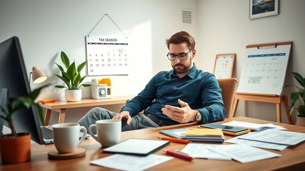 Une personne faisant sa déclaration de revenus en ligne dans un bureau moderne.
