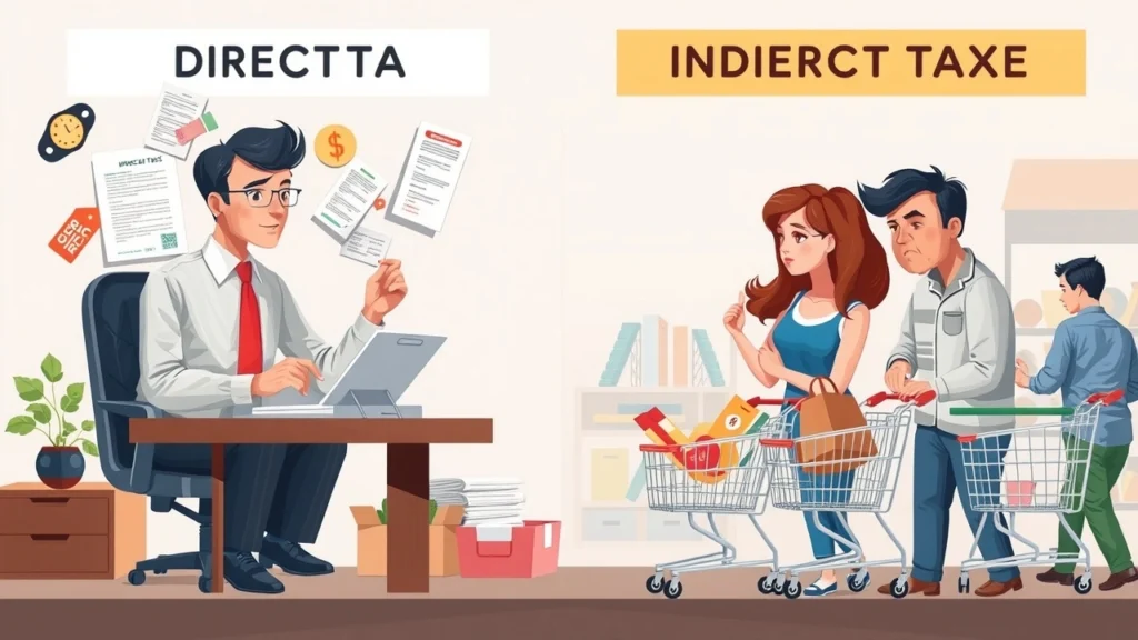 Une illustration montrant les différences entre impôt direct et impôt indirect, avec des symboles financiers.
