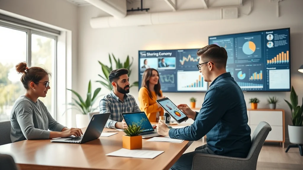 Une représentation photoréaliste d'un espace de travail moderne dédié à l'économie collaborative en 2024.