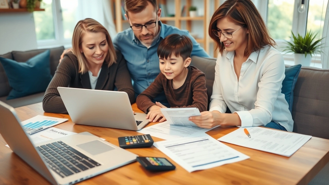 une famille examinant des documents fiscaux à la maison