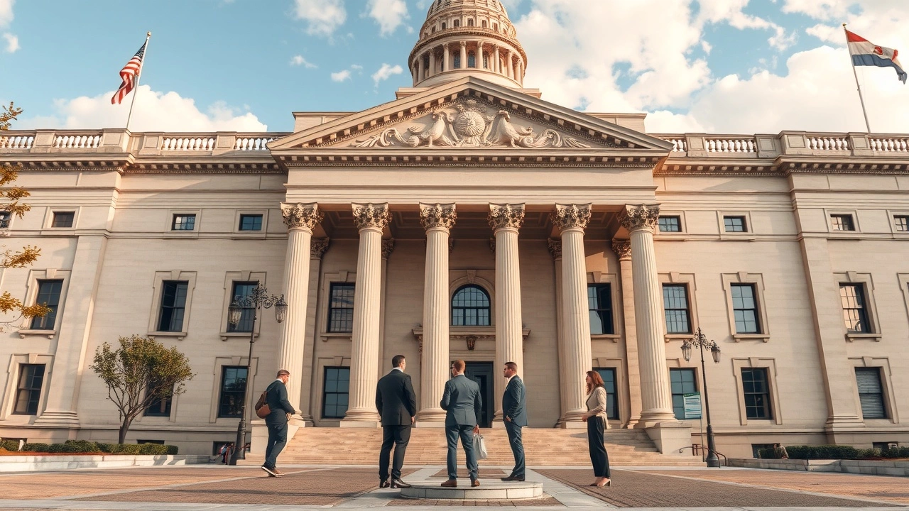 photographie d'un immeuble gouvernemental avec des personnes