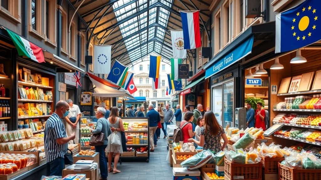 Un marché européen animé, montrant des achats et ventes, représentant l'impact de la TVA intracommunautaire.